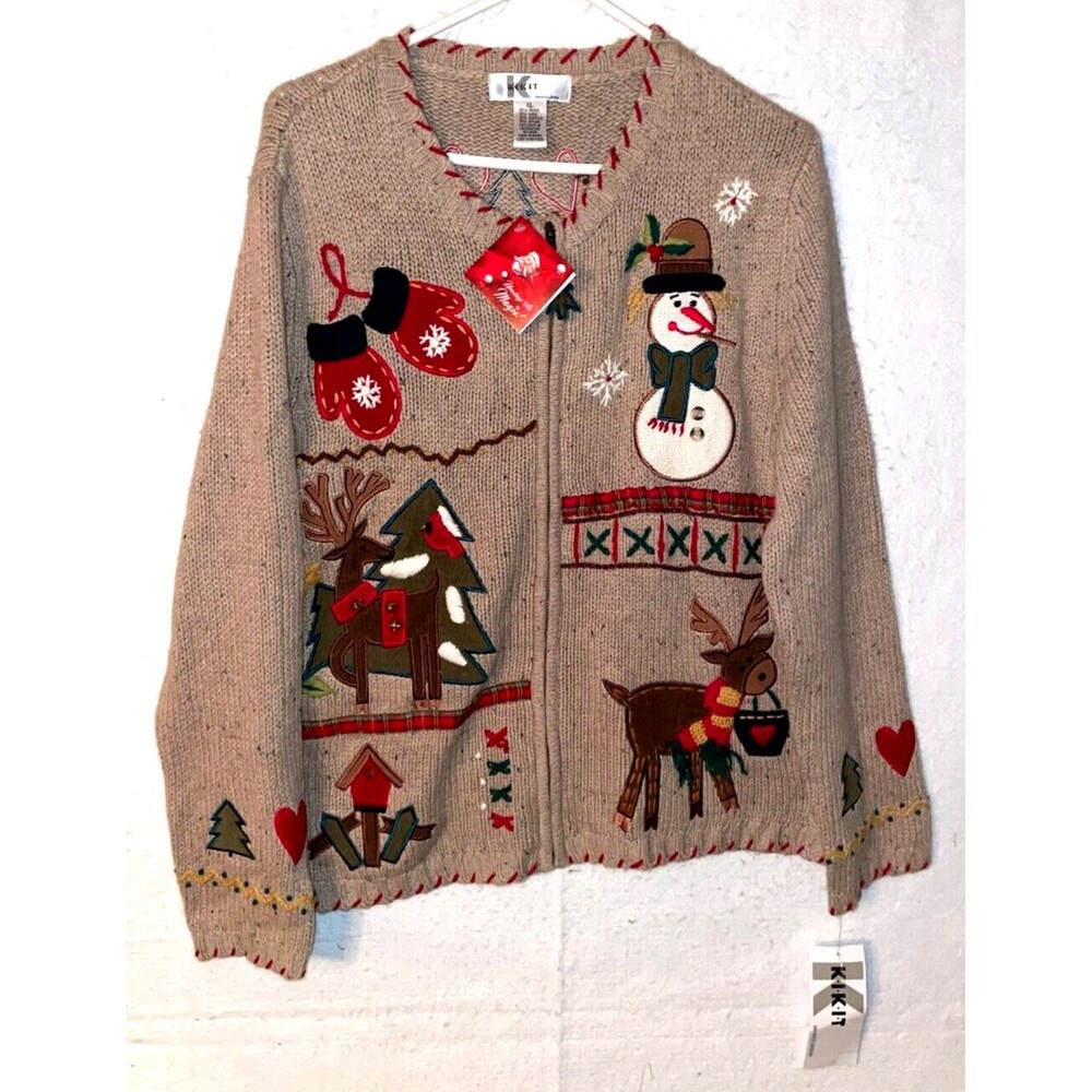 Women's XL Holiday Full Zip Cardigan By KIKIT NWT Ugly sweater Christmas Gift